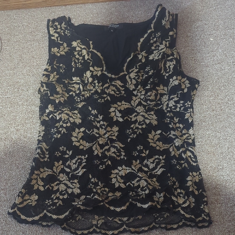 Karen Kane Black and Gold Floral Lace Blouse